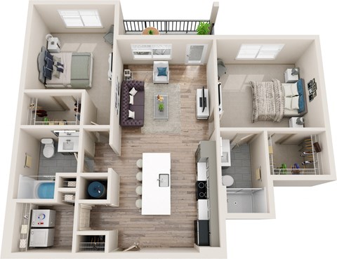 Floor plan for 2 beds, 2 baths, 1077 sqft
